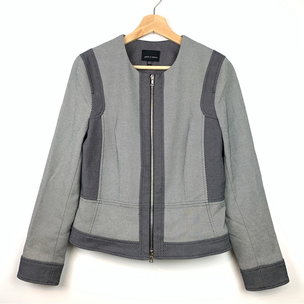 Judith & Charles Blazer Striped Two Way Zip Gray Sz 12 Classic Elegant Old Money